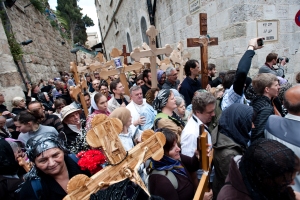 Orthodox Christian pilgrims commemorate the path Jesus carried his cross on the day of his crucifixion along the Via Dolorosa in Jerusalem on Good Friday