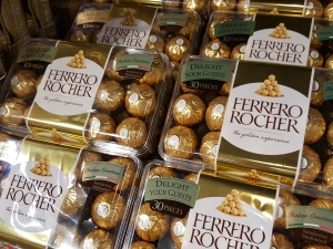 Ferrero Rocher chocolates in their characteristic transparent box