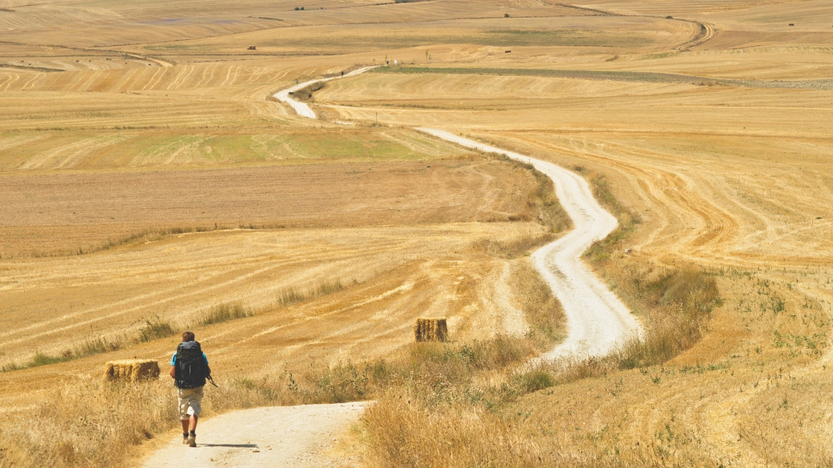 Pilgrim walking the Camino de Santiago through Castile