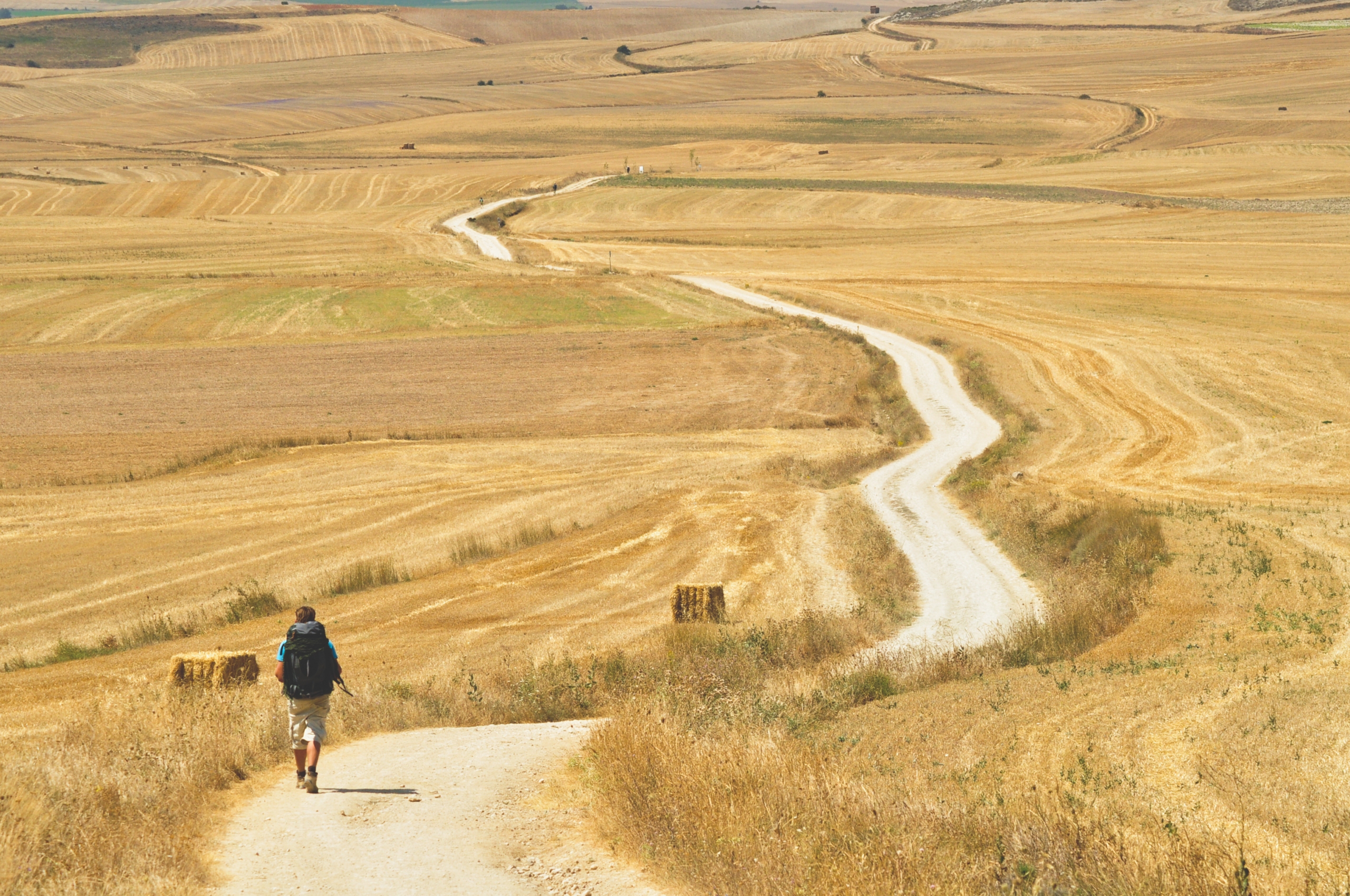 Pilgrim walking the Camino de Santiago through Castile