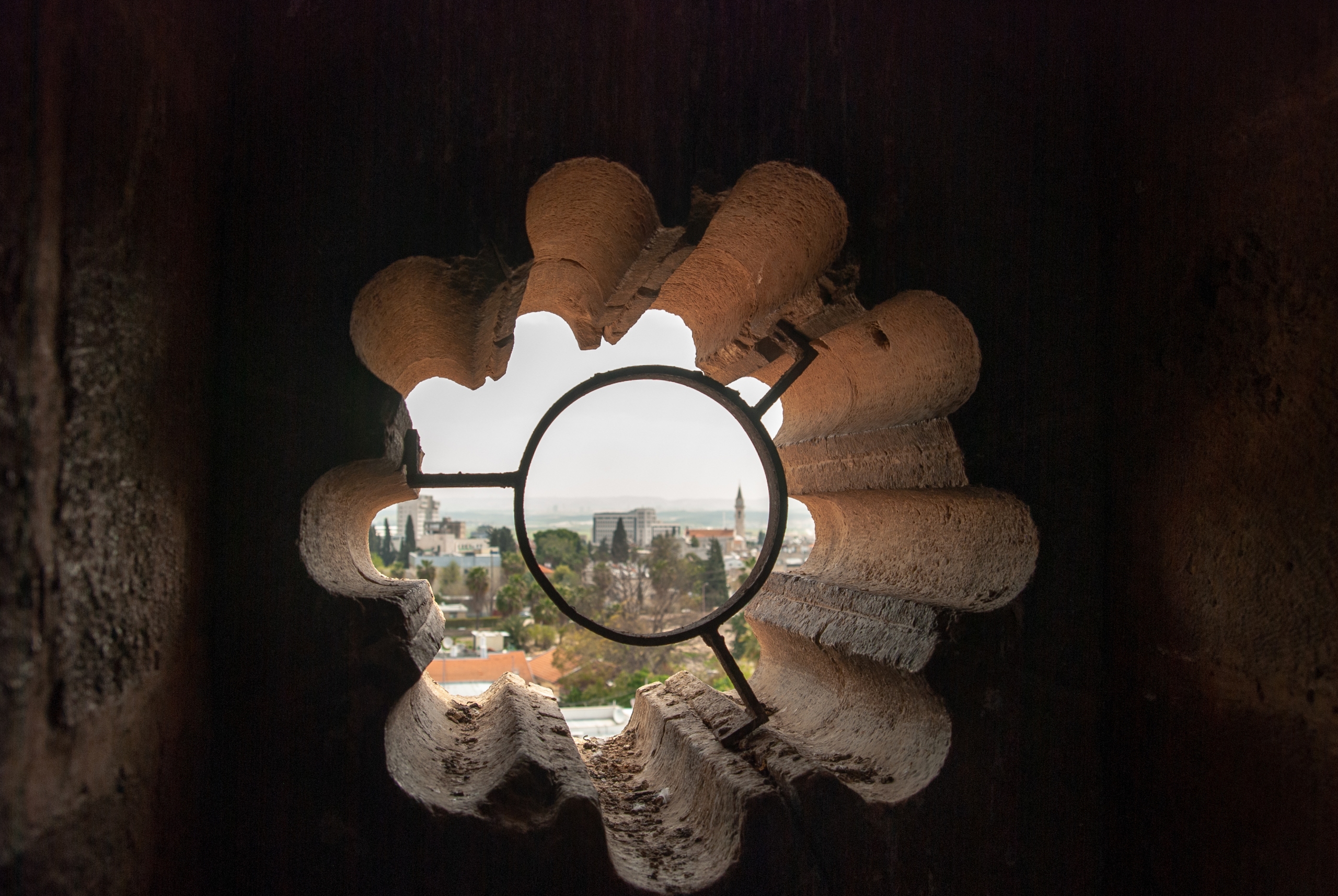 View on city of Ramla from the figure window of White Mosque - ancient Umayyad mosque. Israel