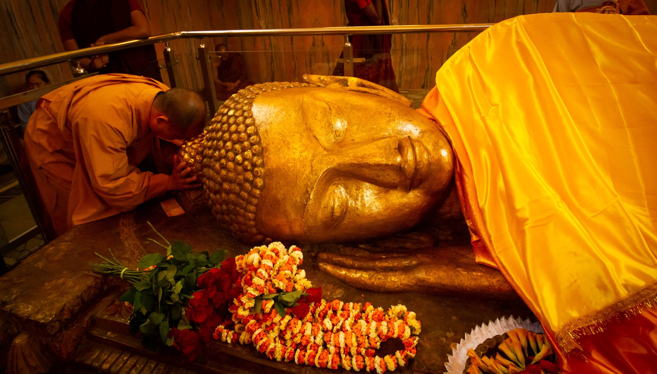 Statue of the sleeping Buddha or Parinirvana in Kushinagar, India.