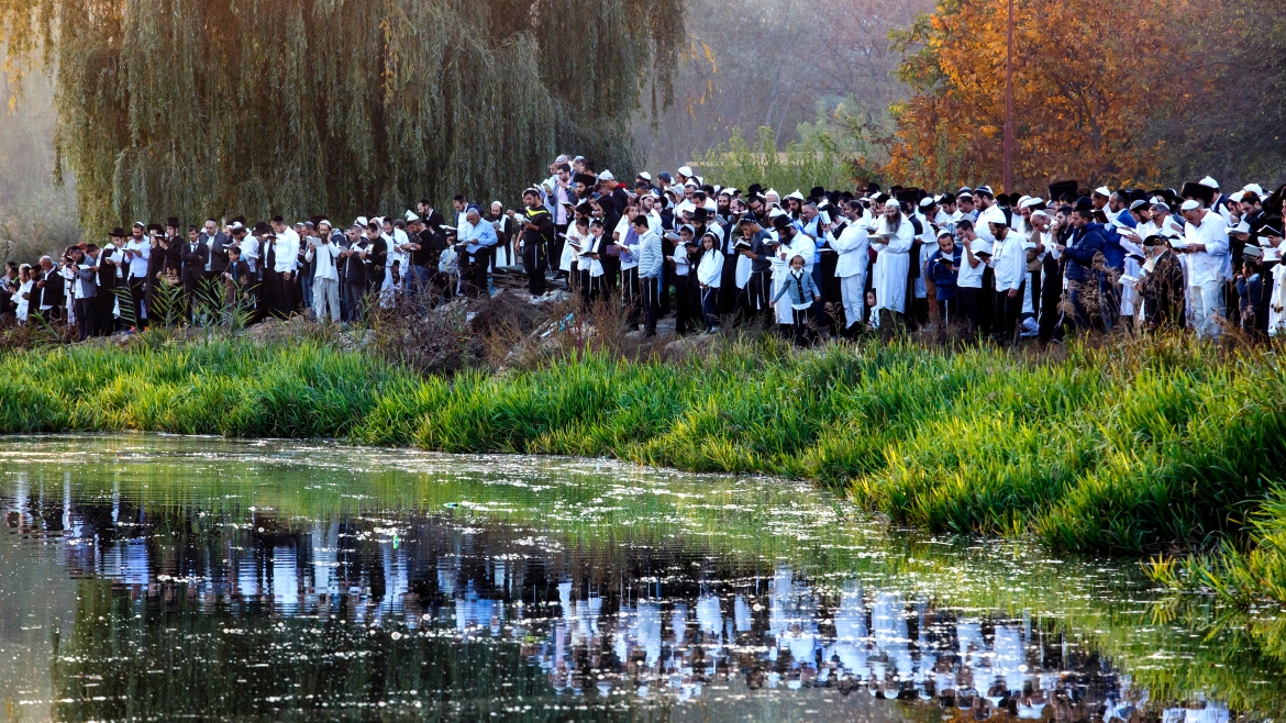 Ultra-Orthodox Jewish Hasids pilgrims pray on a bank of a lake near the tomb of Rabbi Nachman of Breslov