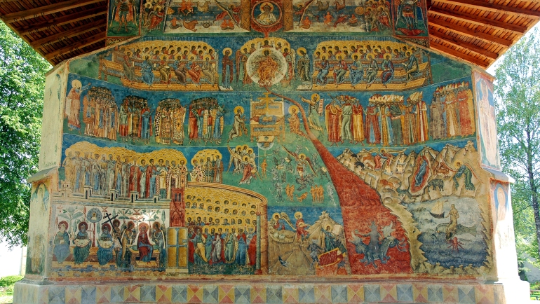 Detail of the colorful medieval frescoes in the Church of St. George.