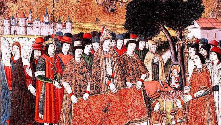 Hallazgo de la imagen de la Virgen, tabla del retablo dedicado a la Virgen contratado en 1481 por Solibes para la ermita de la Mare de Dèu de la Bovera, temple sobre tabla. Museo Episcopal de Vic