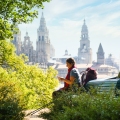 Tourist Woman On Pilgrimage At Santiago De Compostela