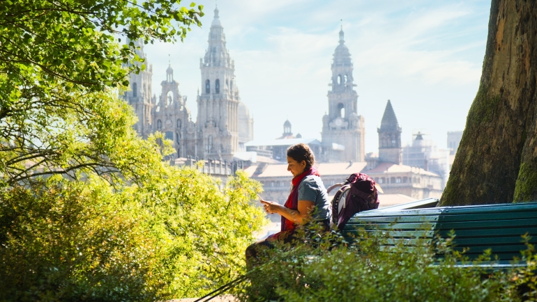 Tourist Woman On Pilgrimage At Santiago De Compostela