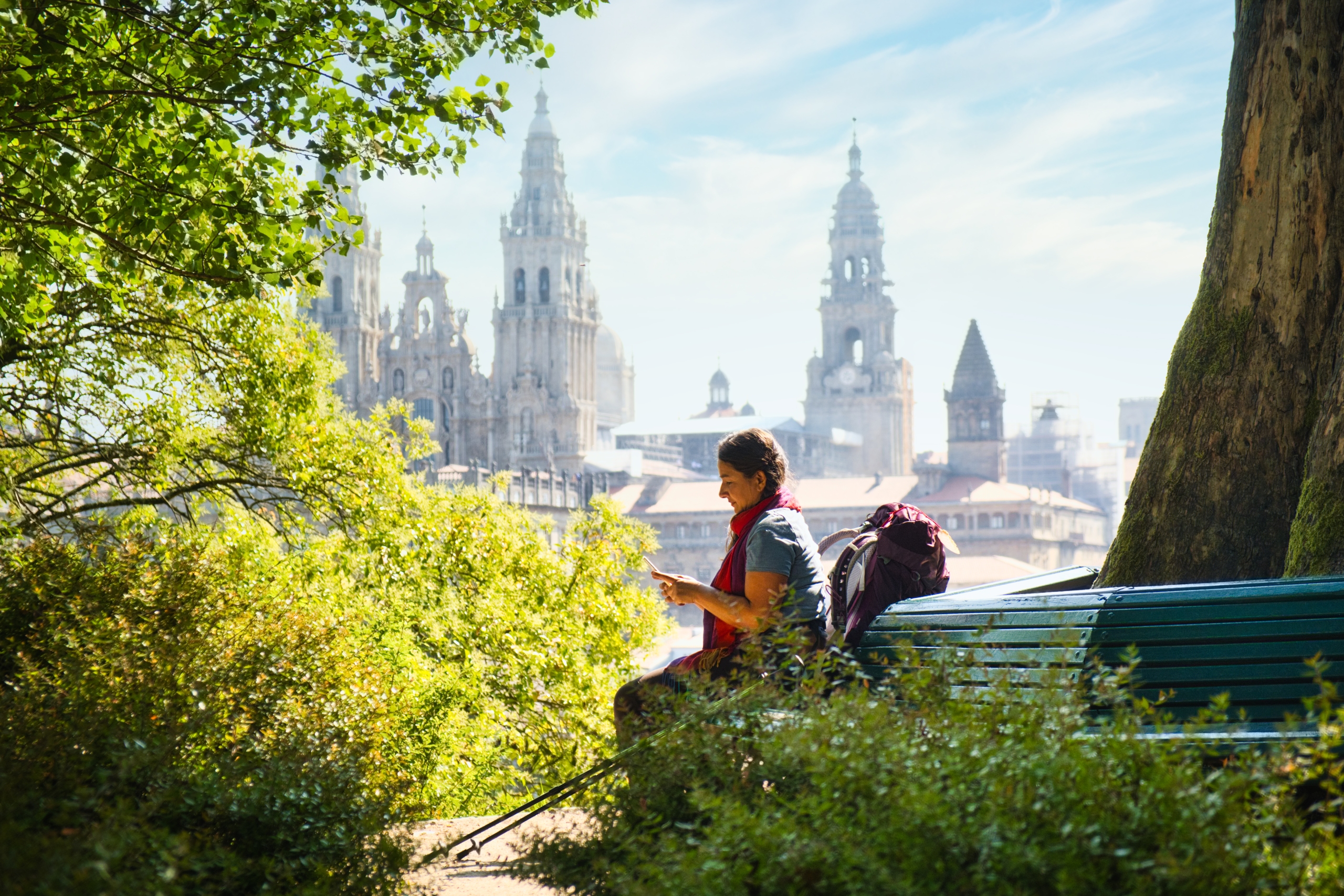 Tourist Woman On Pilgrimage At Santiago De Compostela