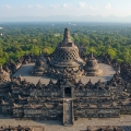 A breathtaking aerial view of Borobudur Temple, the world’s largest Buddhist monument, located in Magelang, Central Java, Indonesia.
