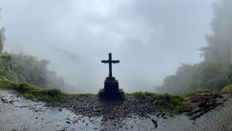 Panoramic view of the mysterious tomb on the edge of the Death Road nebula, Bolivia