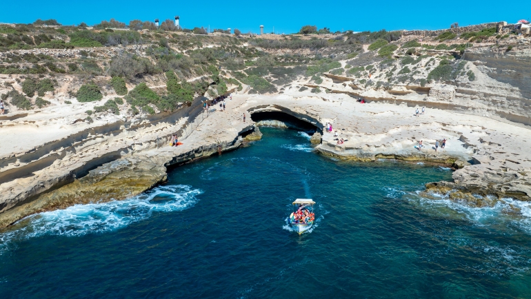 Aerial view of St Peter's Pool beach Beautiful and famous St. Peter's Pool near Marsaxlok, Malta