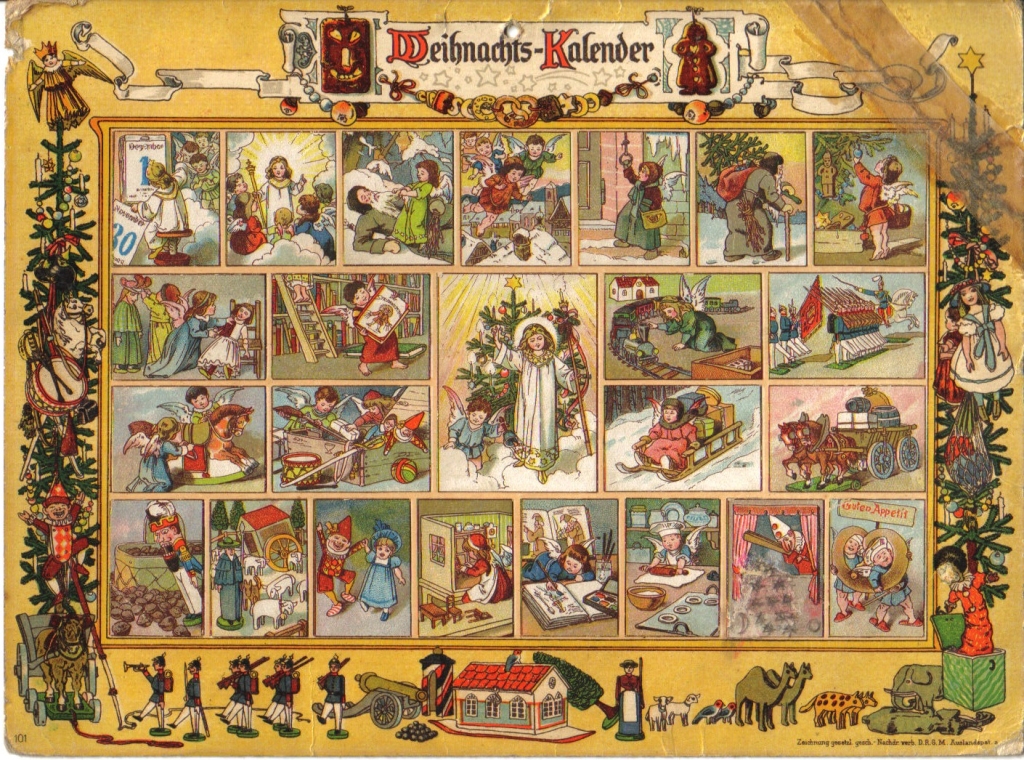 Calendario de Adviento "En la Tierra del Niño Jesús". Las ventanas contenían versículos navideños y se podían cubrir con imágenes recortadas. Ejemplar completamente forrado. Publicado por Gerhard Lang en Múnich.