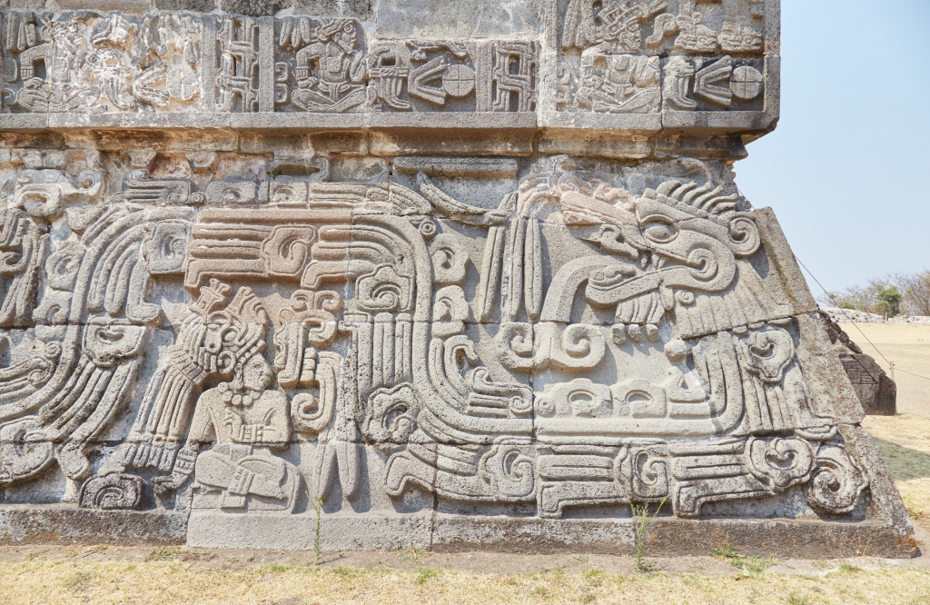 Mayan bas-relief of the feathered serpent in the ancient city of Xochicalco, Morelos.