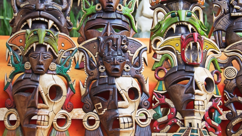 Mayan wooden masks on the street market
