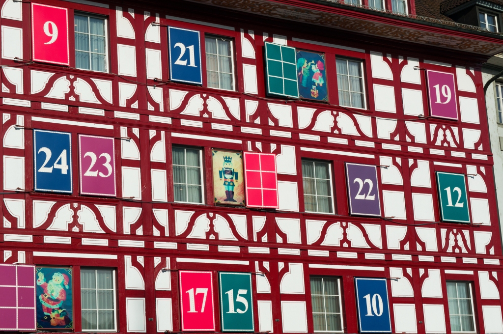 Details of an Advent Calendar building in Lucerne, the medieval city in the German-speaking portion of the country famous for its covered wooden bridges