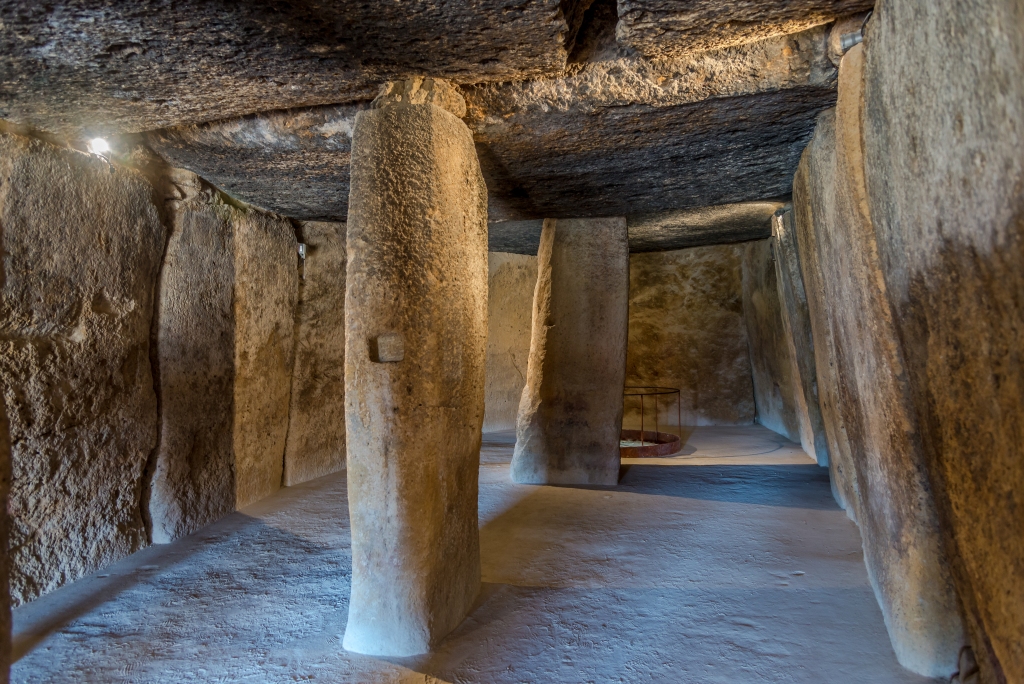 Interior of the chamber of Dolmen Menga in Antequera. The Antequera Dolmens Site is a UNESCO World Heritage site.