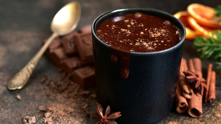 Homemade christmas hot chocolate with orange and spices