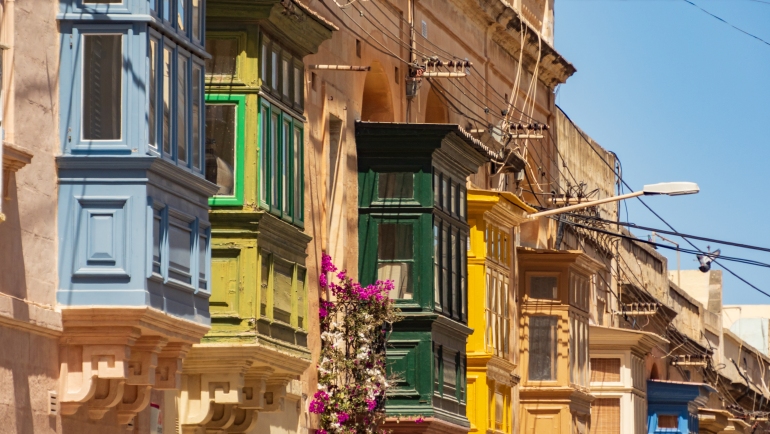 Beautiful Maltese wooden colorful balconies called "gallarija" in Sliema.