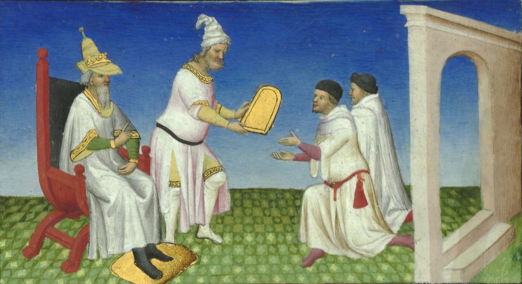 Kublai Khan giving a gold laissez-passer to the Polo brothers.