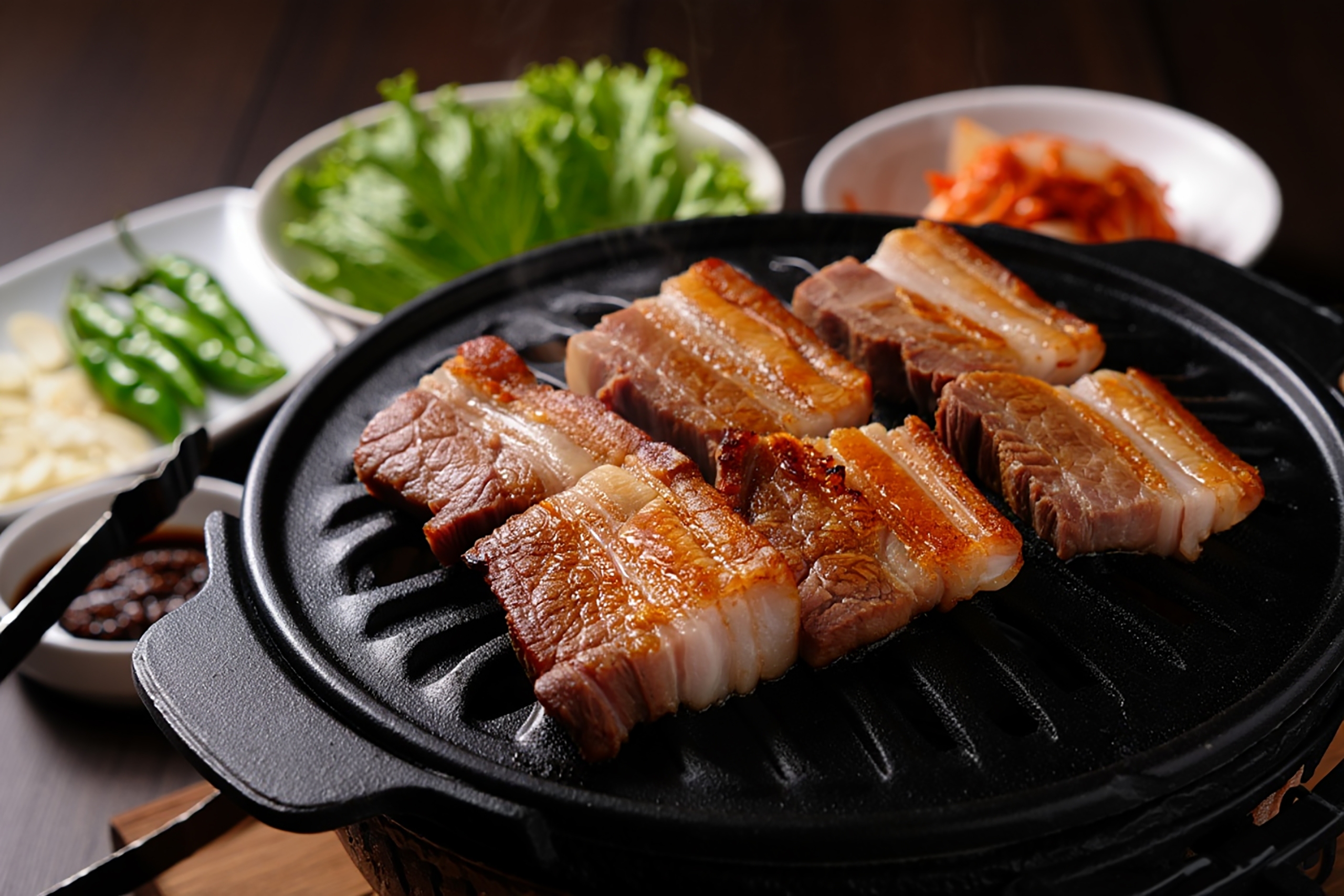 Traditional Korean barbecue Samgyeopsal with side dishes