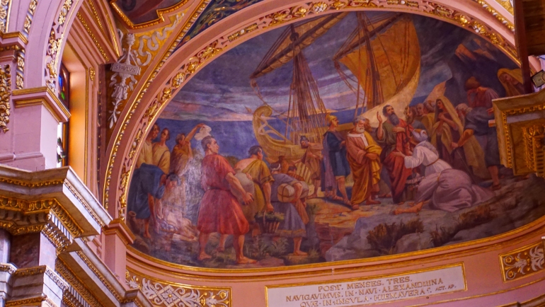 Lunette fresco of St Paul Shipwreck in Church of St. Paul's Shipwreck, Valletta, Malta