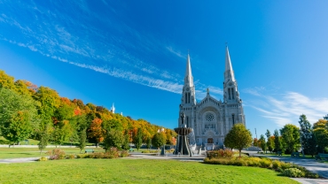 Morning exterior view of the Basilica of Sainte-Anne-de-Beaupre Church in Quebec, Canada