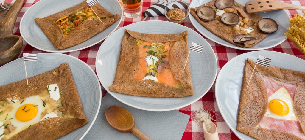 Breton speciality pancake buckwheat crepe, with egg, cheese, ham, andouille, salmon, potatoes