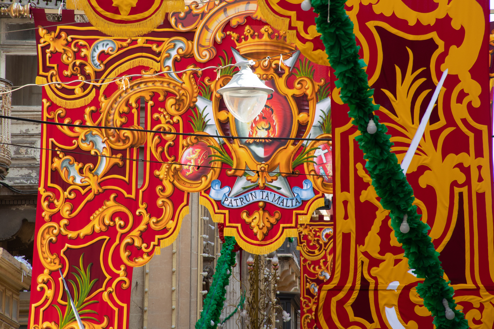 Valleta: Bright banners in street of valetta part of part of the Feast of St Paul's Shipwreck