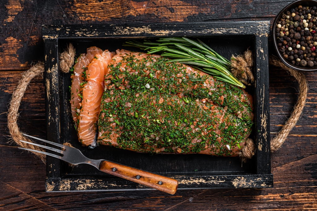 Gravlax salmon cured with dill and salt