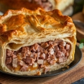 Canadian pork pie: a savory meat pie filled with seasoned ground pork, a traditional dish with rich flavors.