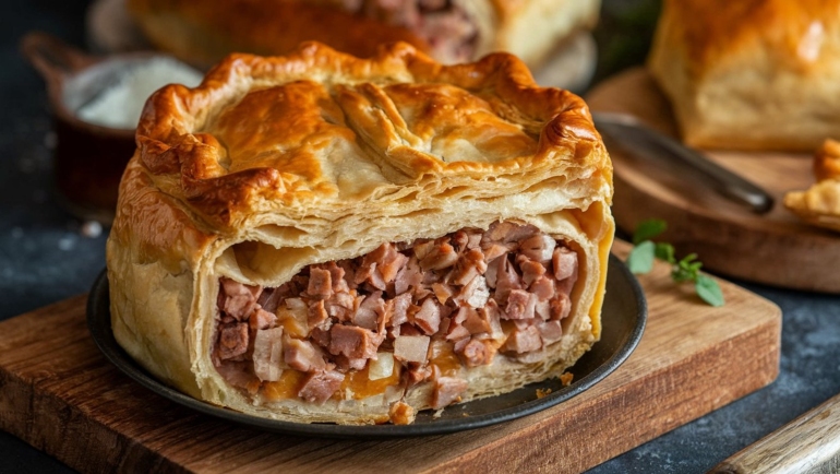 Canadian pork pie: a savory meat pie filled with seasoned ground pork, a traditional dish with rich flavors.