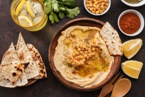 Classic hummus with chickpeas, paprika, olive oil and oriental spices