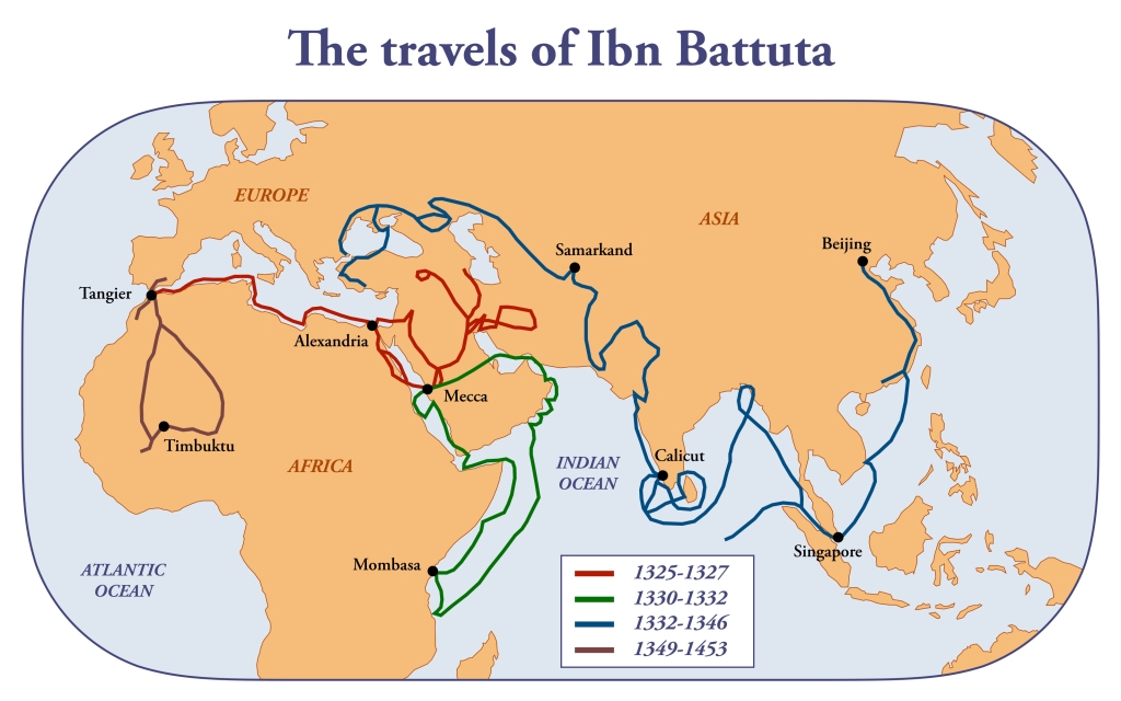 Map of the travels of the scholar and explorer Ibn Battuta
