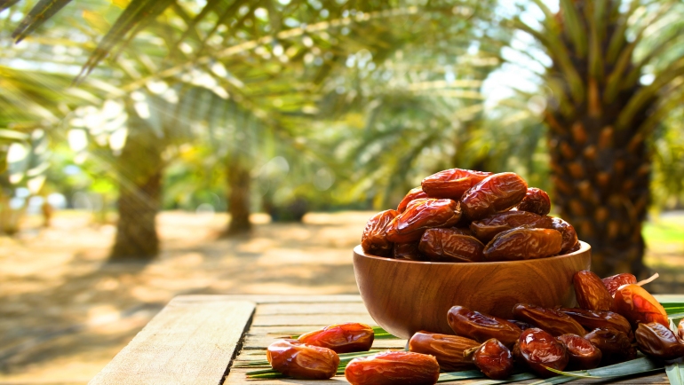 Dried date fruits with a date palm background.
