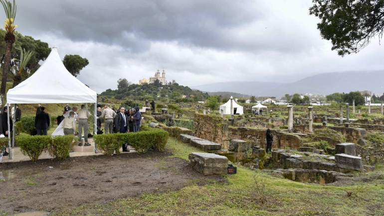 Pope Leo XIV visits the archaeological site of the ancient city of Hippo in Annaba, home to St. Augustine, on April 14, 2026 on the second day of his three-day Apostolic Journey to Algeria. The Pope layed out a wreath of flowers and paused to pray briefly amidst the ancient stones in the land walked on by his spiritual father. He then planted an olive tree. The ancient Roman city of Hippo Regius (also known as Hippo or Hippone), located in modern-day Annaba is famous as the diocese of St. Augustine, a Church Father (5th century). Photo by (EV) Matteo Pernaselci/Vatican Media/ABACAPRESS.COM