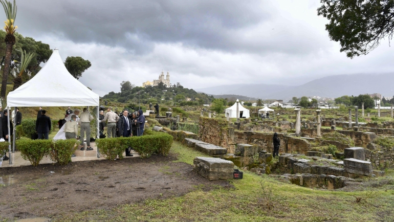 Pope Leo XIV visits the archaeological site of the ancient city of Hippo in Annaba, home to St. Augustine, on April 14, 2026 on the second day of his three-day Apostolic Journey to Algeria. The Pope layed out a wreath of flowers and paused to pray briefly amidst the ancient stones in the land walked on by his spiritual father. He then planted an olive tree. The ancient Roman city of Hippo Regius (also known as Hippo or Hippone), located in modern-day Annaba is famous as the diocese of St. Augustine, a Church Father (5th century). Photo by (EV) Matteo Pernaselci/Vatican Media/ABACAPRESS.COM