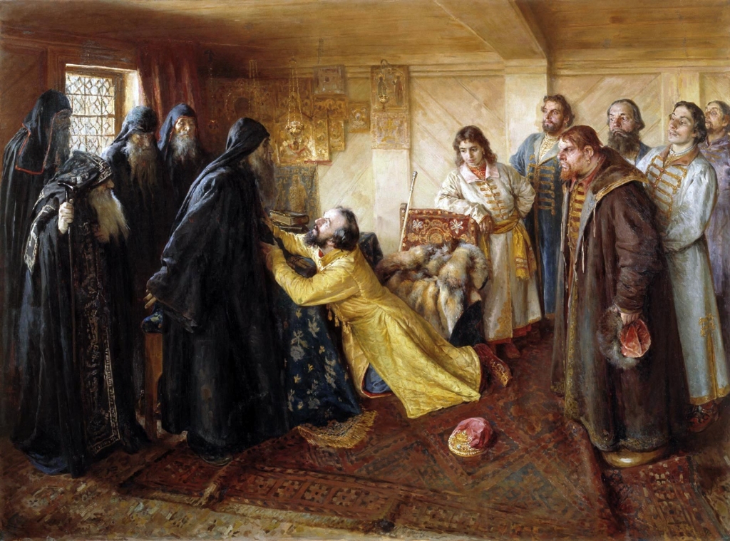 «Tsar Ivan the Terrible asks hiegumen Kornily to admit him into monks» by Klavdiy Lebedev