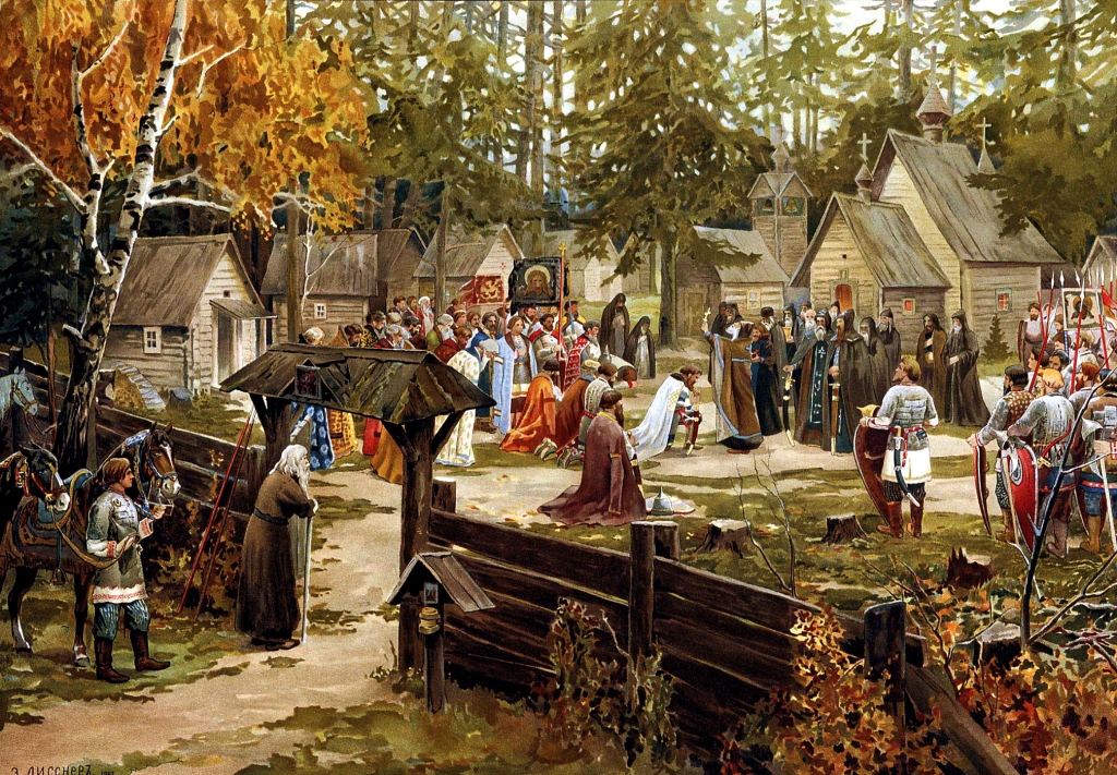 Sergius of Radonezh blesses Dmitry Donskoy before the Battle of Kulikovo.