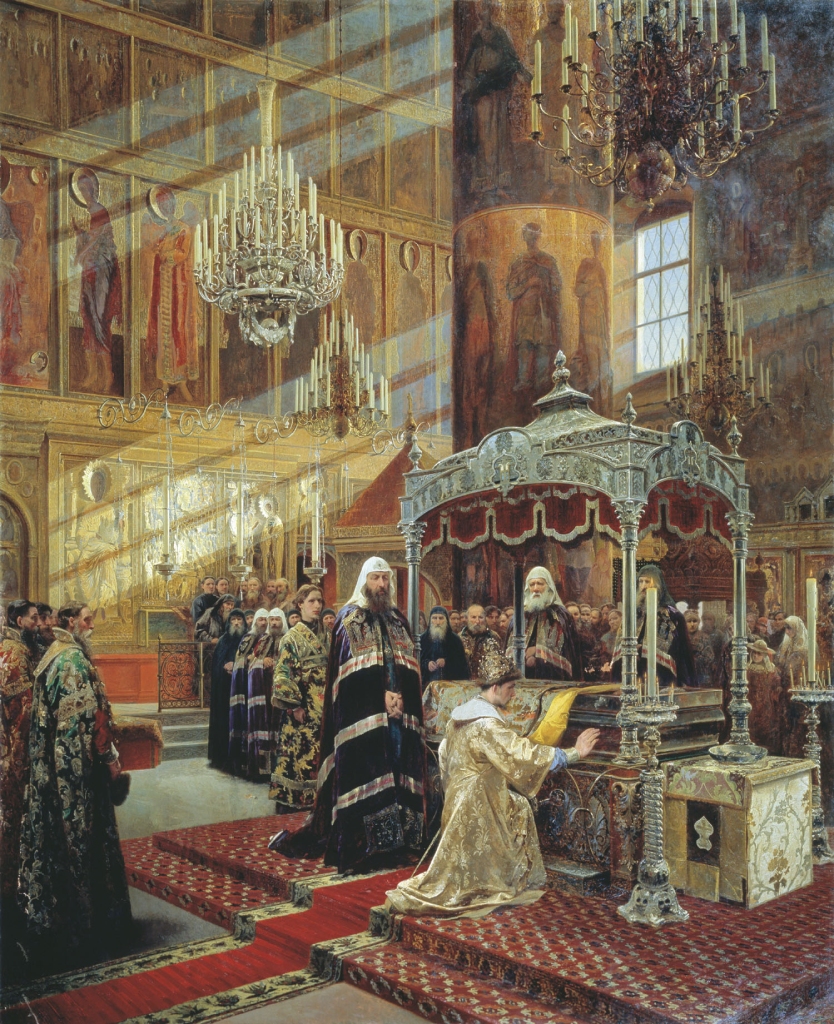 The young Tsar Alexis praying before the relics of Metropolitan Philip in the presence of Patriarch Nikon.