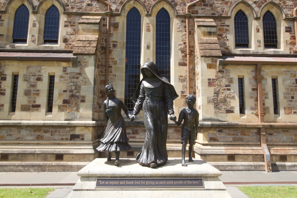 Statue of Mary McKillop and two children in Adelaide, Australia