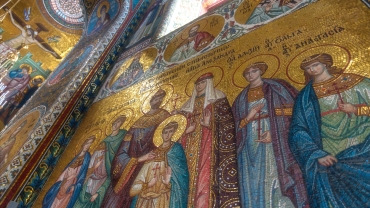 Mosaic of the canonized Tsar Nicholas II and his family in the Holy Trinity Seraphim-Diveevo Convent in Diveevo, Russia.