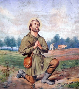 Hüttau ( Salzburg / Austria ). Parish church: Saint Isidore the Labourer on a ceremonial standard