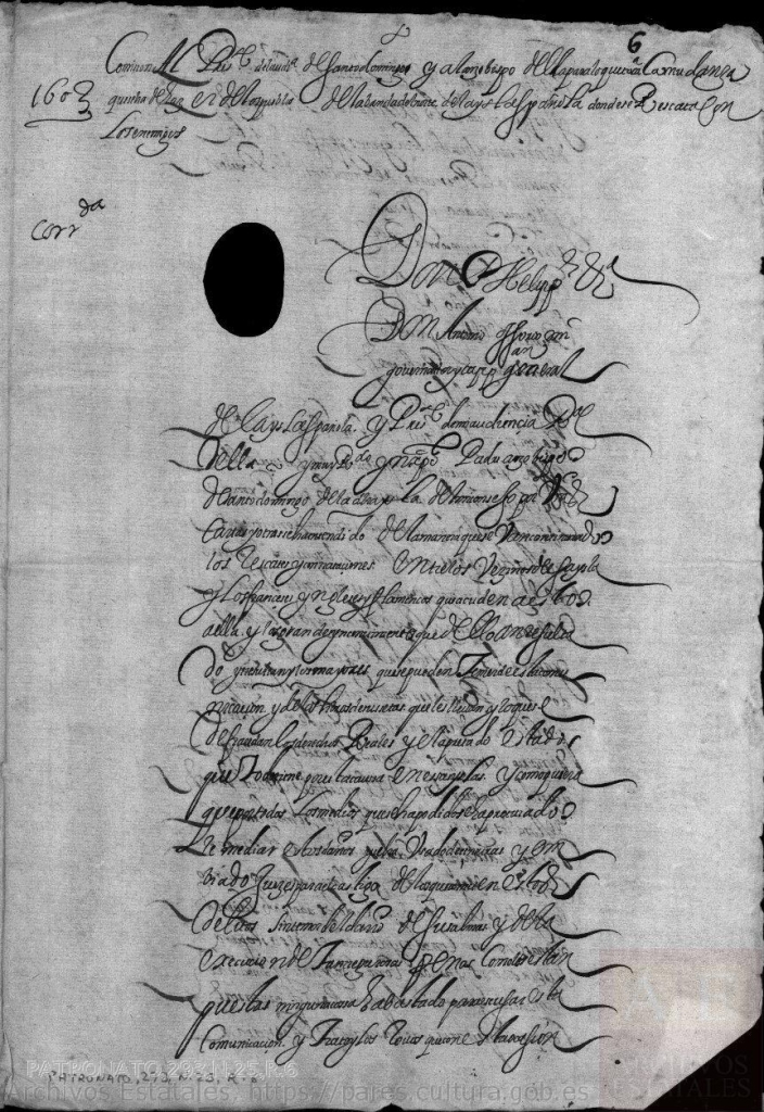 First page of the royal decree issued by Philip III of Spain, ordering Antonio de Osorio to carry out the devastations