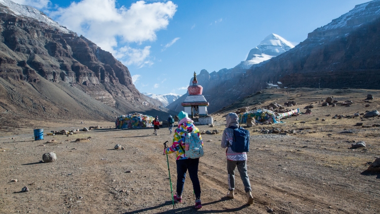 The tibetans pilgrims during the first day of ritual kora (yatra) around sacred Mount Kailash