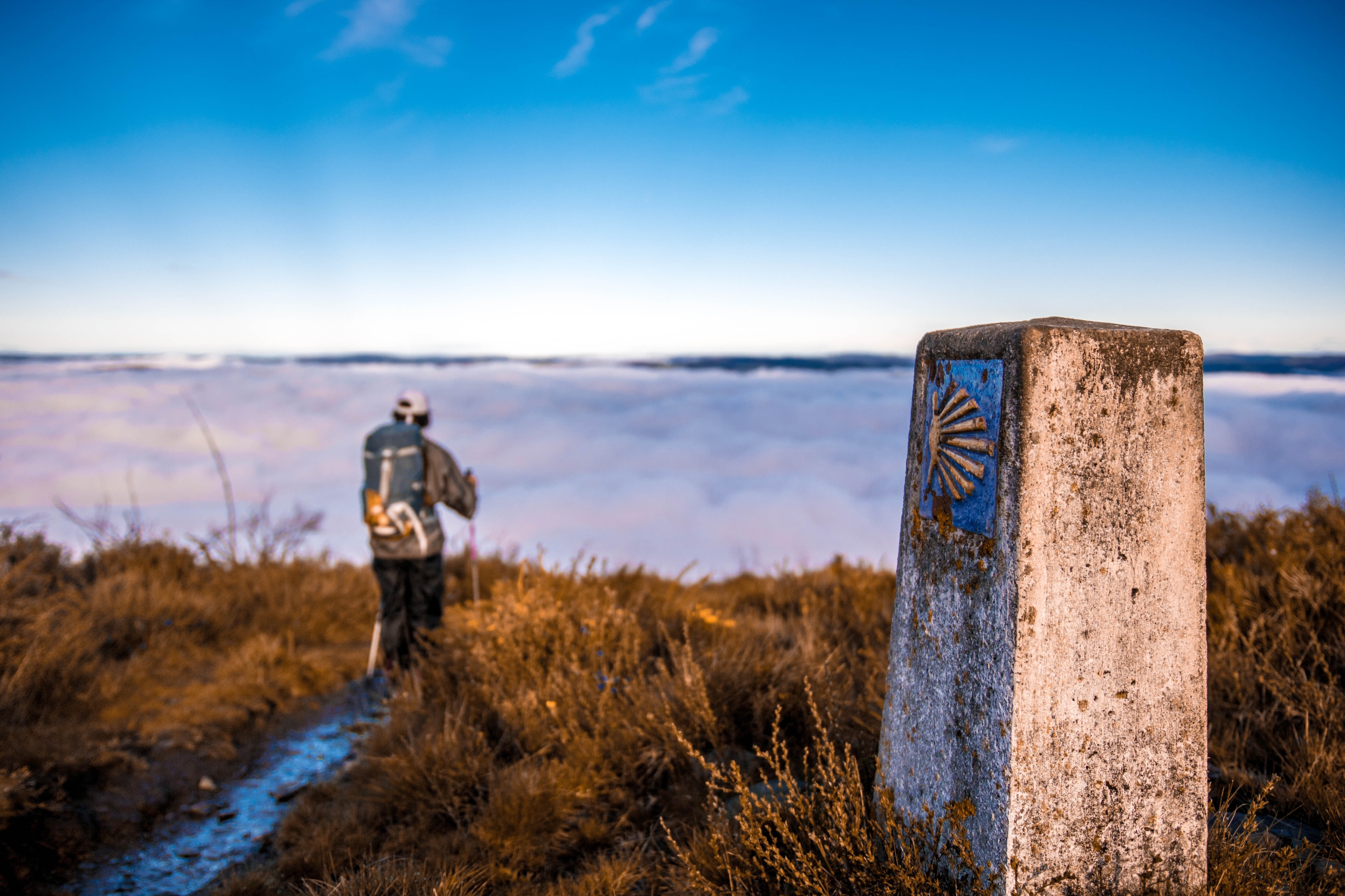 Pilgrim walking on the Camino de Santiago, above a sea of ​​clouds in the middle of nature