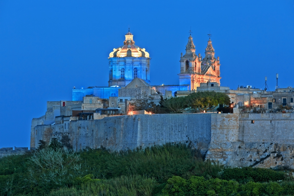 The medieval walled city of Mdina in Malta at night