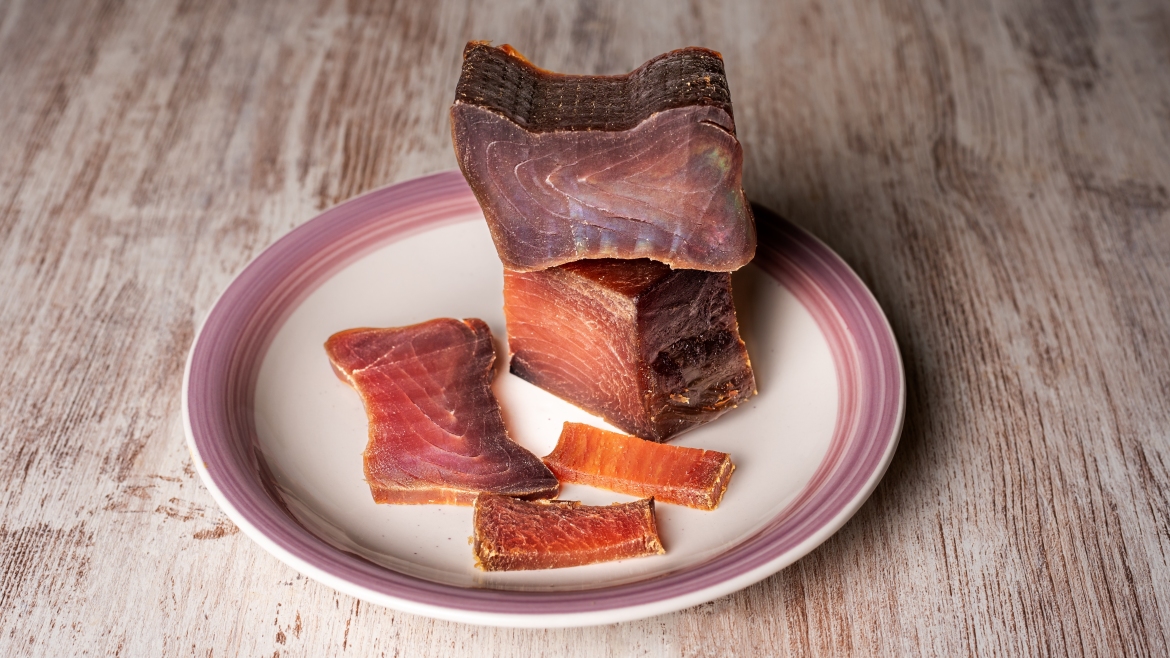 Tacos and slices of cured tuna loin, called mojama in Spain, a delicacy of Arab origin produced on the southern coast of Spain.