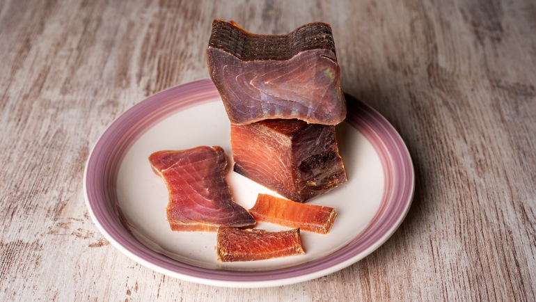 Tacos and slices of cured tuna loin, called mojama in Spain, a delicacy of Arab origin produced on the southern coast of Spain.