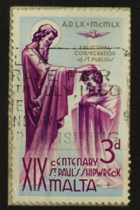 Close-up of a commemorative postage stamp from Malta depicting the shipwreck of St. Paul.