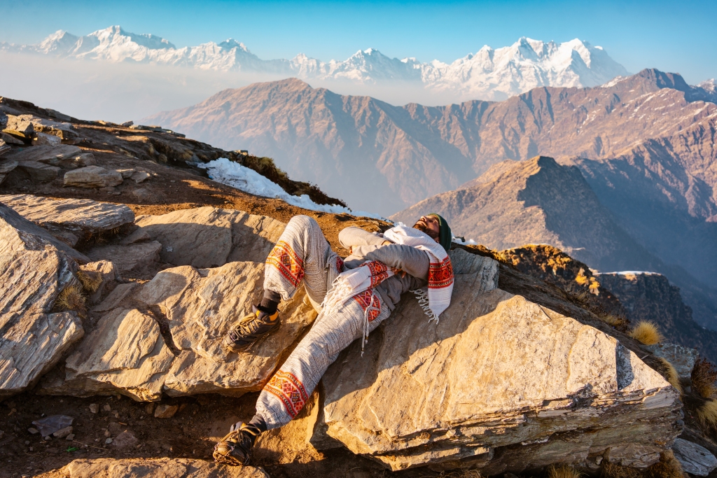 A stunning view of the mountains with a tranquil atmosphere at Tungnath Temple, Chopta, Uttarakhand, India.